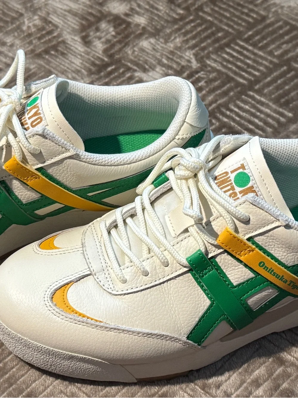 Onitsuka Tiger by Asics White Sneakers with Green & Yellow Accents